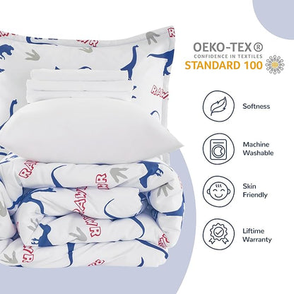 SLEEP ZONE Cartoon Dinosaur Comforter Set, Dark Blue Kids Bedding Set for Boys, Dinosaurs Print Comforter, Sheet, Pillowcase & Sham (Dinosaur Footprints, Twin)