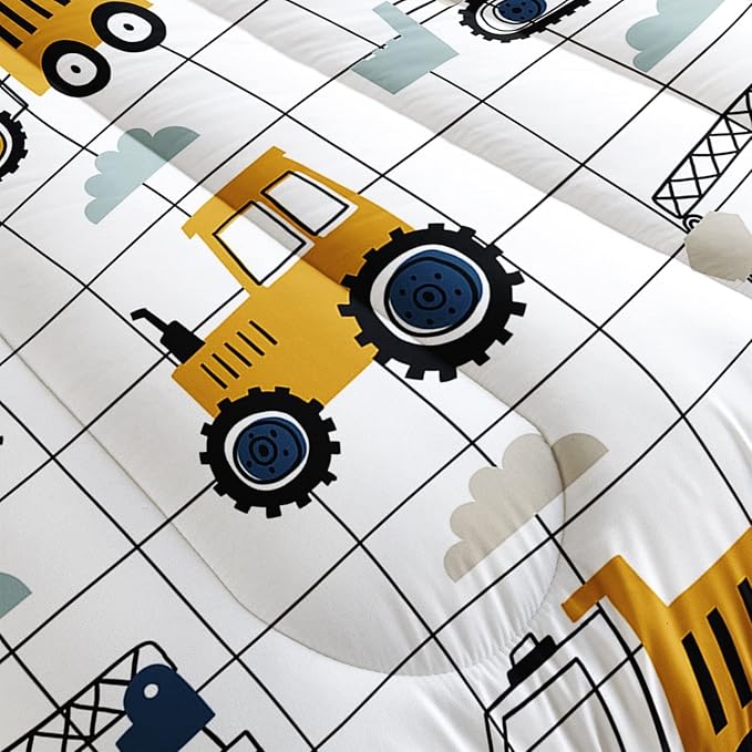 Datura home Construction Truck Comforter Set for Boys Kids Children, Machinery Excavators Vehicles Cartoon Tractor Bedding with 1 and 2 Pillowcases(Construction Queen 90x90inches)