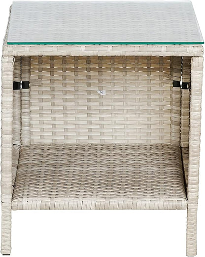 BTEXPERT Outdoor Wicker Conversation 3 Piece Bistro Set Garden Patio Yard Porch Furniture Space Saving Pe Rattan 2 Chairs Cushions Side Storage Glass Table Stone Gray/Navy Blue 3pc