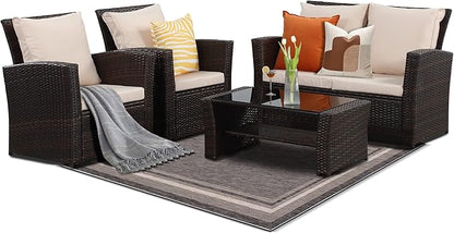Solaste 4 Piece Patio Outdoor Furniture Sets,Patio Conversation Sofa Wicker Chair with Cushion,Hand Woven Rattan Sofa for Porch Backyard Outside Garden Lawn Yard,Brown