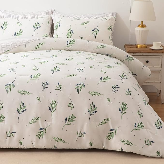EMME Queen Comforter Set - Sage Green Floral Bedding Set 7 PCS with Nature Leaves Pattern, Soft Leaf Printed Botanical Bed Set with Sheets, Fluffy Bed Bag for All Season(90"X90")