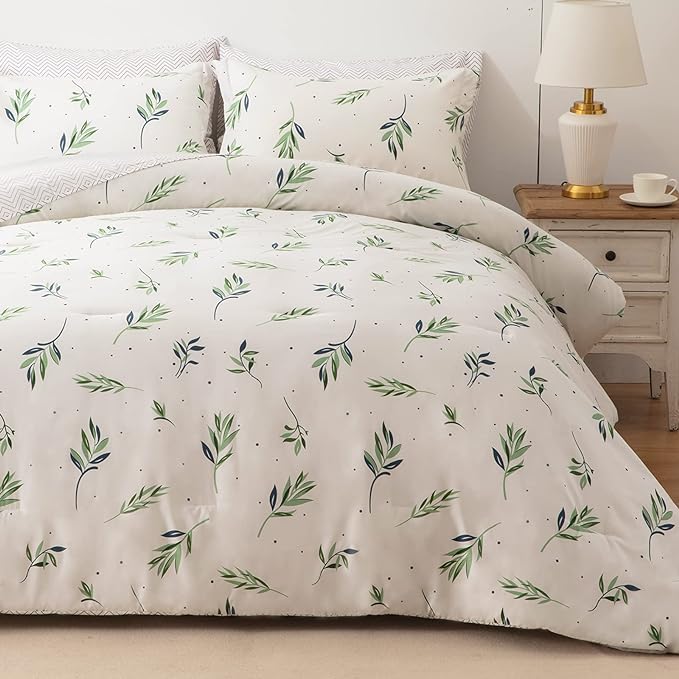 EMME King Comforter Set - Sage Green Floral Bedding Set 7 PCS with Nature Leaves Pattern, Soft Leaf Printed Botanical Bed Set with Sheets, Fluffy Bed Bag for All Season(102"X90")
