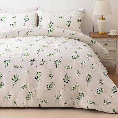 EMME King Comforter Set - Sage Green Floral Bedding Set 7 PCS with Nature Leaves Pattern, Soft Leaf Printed Botanical Bed Set with Sheets, Fluffy Bed Bag for All Season(102"X90")