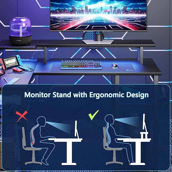 Gaming Desk with Power Outlets & Music Strip Lights, L-Shaped Desk with 2-Layer Storage on Both Sides, Large Monitor Stand for Office Home