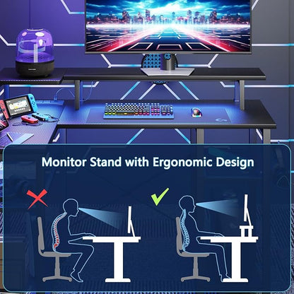 Gaming Desk with Power Outlets & Music Strip Lights, L-Shaped Desk with 2-Layer Storage on Both Sides, Large Monitor Stand for Office Home