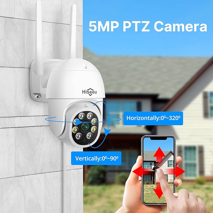 Hiseeu Security Cameras Wireless Outdoor System 5MP PTZ&Bullet Cameras IP66 Waterproof -Night Vision Motion Alert with 1TB Storage WiFi Security Camera No Monthly Fees