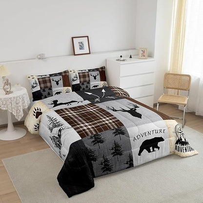 Deer Antler Comforter Set Twin Size,Bear Paw Pine Trees Rustic Farmhouse Bedding Set for Boys Girls Adults Room Decor,Geometric Plaids Arrows Down Comforter,Brown Retro Duvet Insert,1 Pillowcase