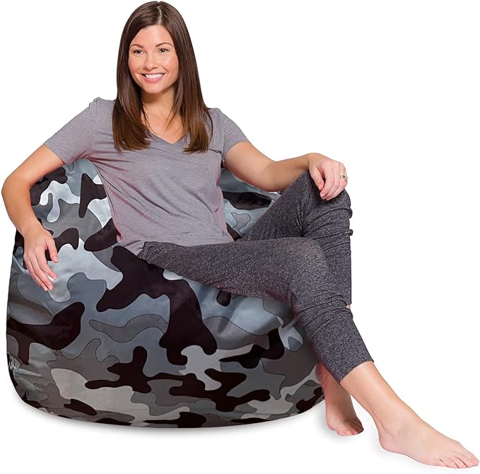 Posh Creations Bean Bag Chair for Kids, Teens, and Adults Includes Removable and Machine Washable Cover, Soft Nylon - Camo Gray and White, 48in - X-Large