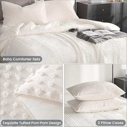 ENJOHOS Girls Queen Comforter Bedding Set White, 3 PCS Boho Comforter with Tufted Dots, Shabby Chic Bedding Comforter for All Season, Lightweight Fluffy Microfiber Comforter with 2 Pillowcases