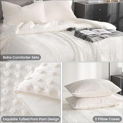 ENJOHOS White Full Size Comforter Bedding Set, 3 PCS Boho Comforter with Tufted Dots, Shabby Chic Bedding Comforter for All Season, Lightweight Fluffy Microfiber Comforter with 2 Pillowcases