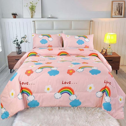 3PCS Rainbow Comforter Set Full, Cute Pink Full Size Flower Cloud and Rainbow Comforter Aesthetics, Super Soft and Comfort Microfiber, Kawaii Girls’ Bedroom Decor for Kids, Teens, Children, Women