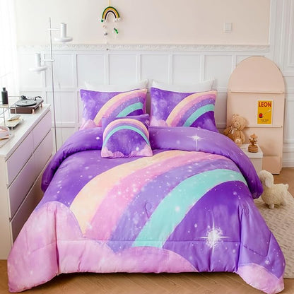 Purple Rainbow Girls Full Size Comforter Set, 6 Pieces Gradient Glitter Kids Bedding Sets, Galaxy Kids Bedroom Decor Bed in A Bag with Sheets for Girls Teens