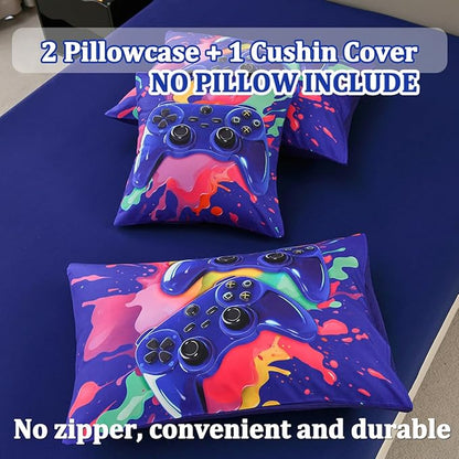 Full Size Gamer Comforter Set for Boys, Game Controller 6 Pcs Bed in a Bag Full Gaming Bediing Set for Boys Kids