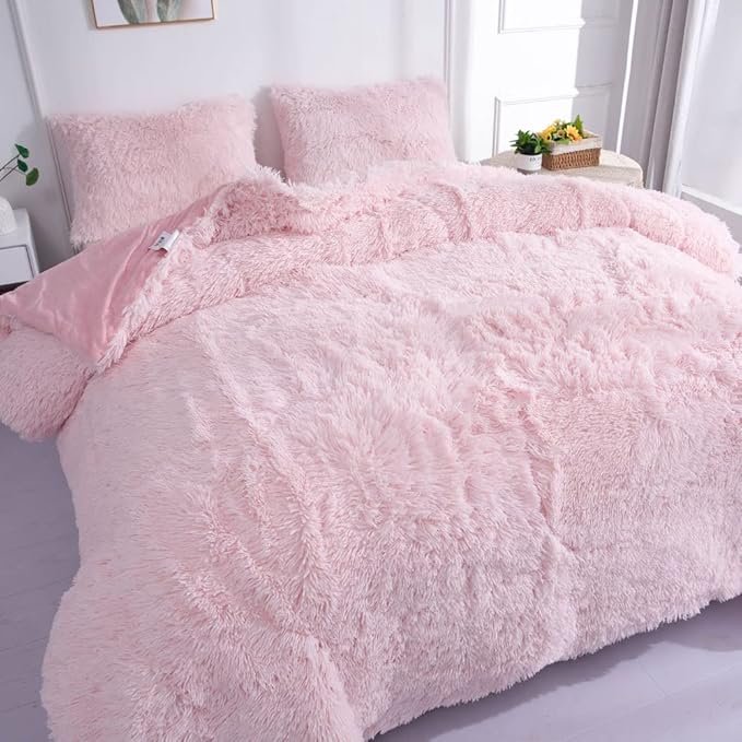 Faux Fur Kids Girls Light Pink Comforter Sets King - 3PC Bed Set Warm Comfortable Soft Plush Flannel Velvet Fluffy Fuzzy Bedding（Comforter x 1 Pillowcases x 2）