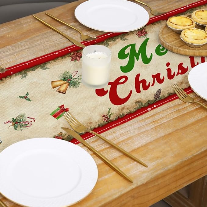 Vintage Christmas Table Runner Christmas Decorations - Red Vintage Style Santa Claus Girls Merry Christmas Winter Xmas Home Kitchen Dining Table Decor, Christmas Party Decorations 13 x 72 Inch