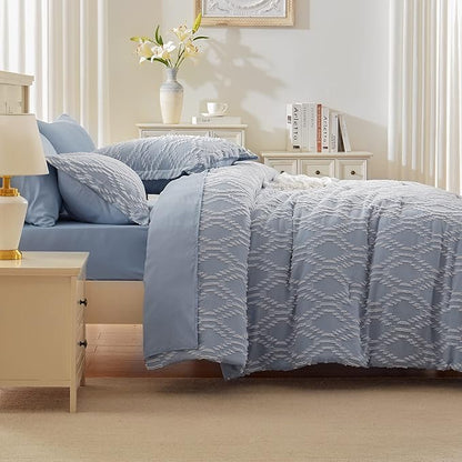 EMME Twin Comforter Set - 5 Pcs Blue Boho Bedding Sets, Twin Size Tufted Comforter with Sheets, Shabby Chic Embroidery Bed Set Fluffy Bed Bag for All Season(68"X90")