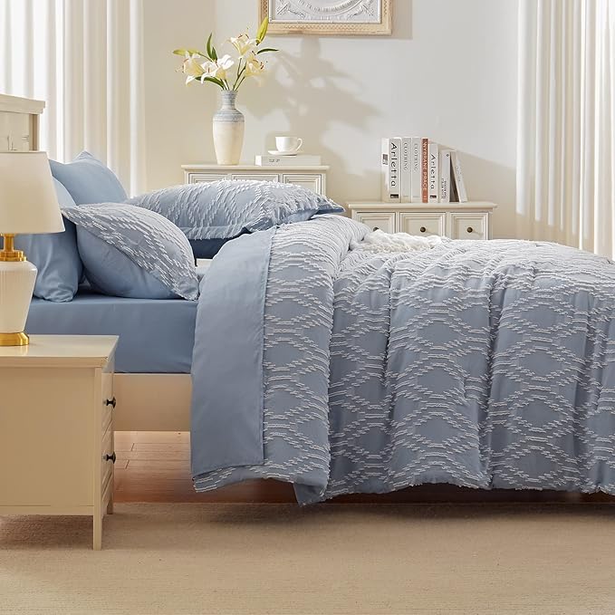 EMME Queen Comforter Set - 7 Pcs Blue Boho Bedding Sets, Full Size Tufted Comforter with Sheets, Shabby Chic Embroidery Queen Bed Set Fluffy Bed Bag for All Season(90"X90")