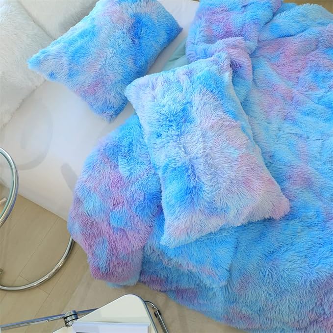 Faux Fur Kids Girls Blue Rainbow Comforter Sets Twin/Full - 3PC Bed Set Warm Comfortable Soft Plush Flannel Velvet Fluffy Fuzzy Bedding（Comforter x 1 Pillowcases x 2）