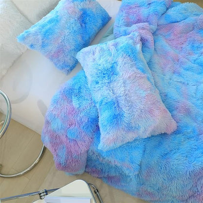 Faux Fur Kids Girls Blue Rainbow Comforter Sets Queen - 3PC Bed Set Warm Comfortable Soft Plush Flannel Velvet Fluffy Fuzzy Bedding（Comforter x 1 Pillowcases x 2）