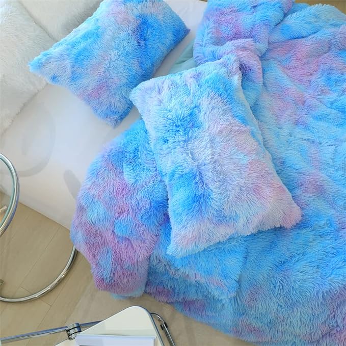 Faux Fur Kids Girls Blue Rainbow Comforter Sets King - 3PC Bed Set Warm Comfortable Soft Plush Flannel Velvet Fluffy Fuzzy Bedding（Comforter x 1 Pillowcases x 2）