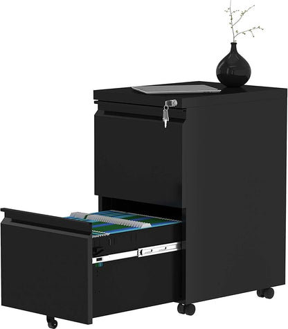 YITAHOME 2-Drawer Vertical File Cabinet with Lock, 20” Deep Mobile Metal Filing Cabinet for Legal/Letter Size, 20” Height Pre-Built Office Storage File Cabinet Except Wheels Under Desk - Black