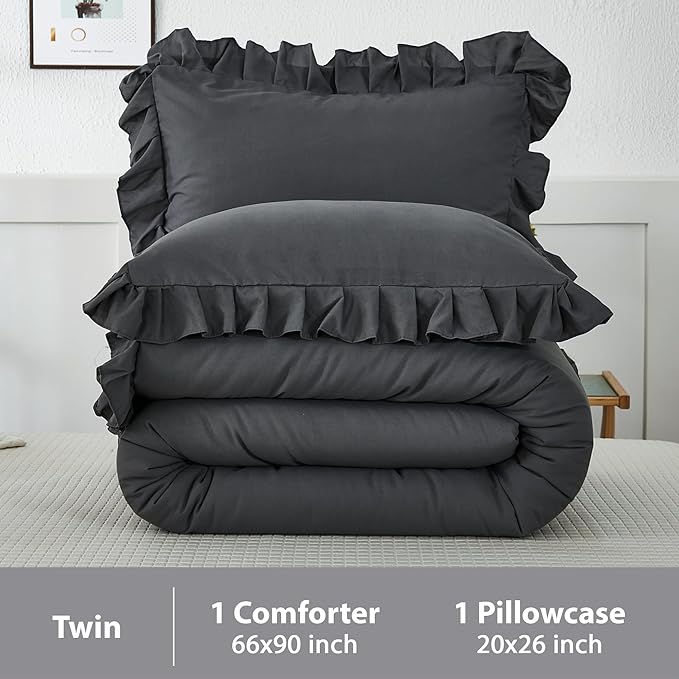 Andency Dark Gray Twin Size Comforter, 2 Pieces Kids All Season Ruffle Bed Comforter Set, Boho Lightweight Solid Farmhouse Shabby Chic Bedding Comforters & Sets (66x90Inch Comforter)