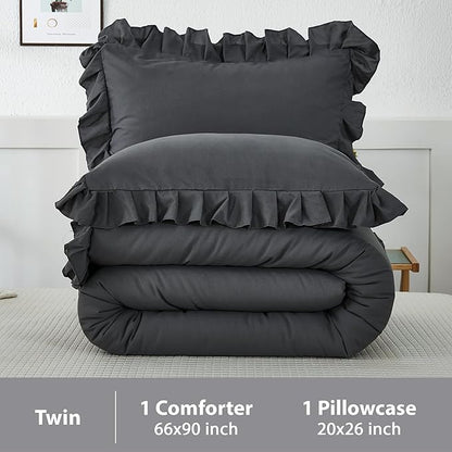 Andency Dark Gray Twin Size Comforter, 2 Pieces Kids All Season Ruffle Bed Comforter Set, Boho Lightweight Solid Farmhouse Shabby Chic Bedding Comforters & Sets (66x90Inch Comforter)