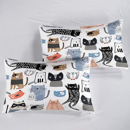 CVHOUSE Cat Bedding,Cartoon Cat Comforter Twin,Animals Print Comforter Set for Kids,Kawaii Quilt Set with 1 Comforter and 2 Pillow Cases