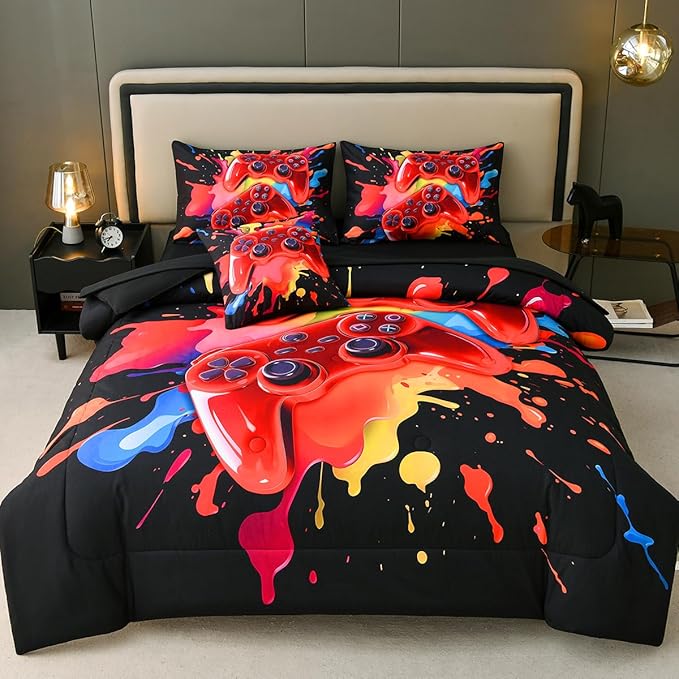 Full Size Gamer Comforter Set for Boys, Game Controller 6 Pcs Bed in a Bag Full Gaming Bediing Set for Boys Kids