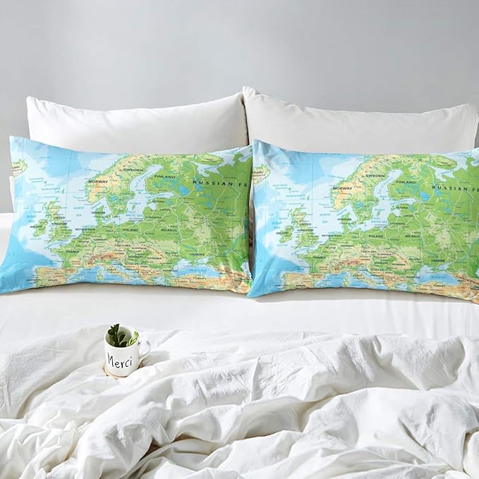 Erosebridal World Map Comforter Set King Size, Blue Ocean Bedding Set for Kids Boys Girls, Map of Various Countries Quilted Duvet Abstract Art Bedding Comforters Breathable Bedroom Decor