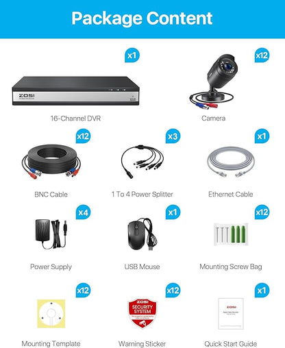 ZOSI 3K Lite 16CH Security Camera System,12pcs Wired 1080P Outdoor Indoor Weatherproof Cameras,AI Human Vehicle Detection,Night Vision,H.265+ 16 Channel CCTV DVR with 2TB HDD for 24/7 Recording