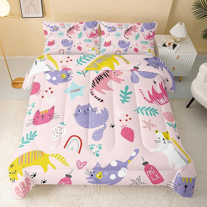 Kawaii Cats Comforter Queen Size,Pink Cats Kids Comforter Set,3Pcs Bedding Set Printed Comforter with 2 Pillowcases,Down Alternative,Soft and Lightweight,for All Seasons