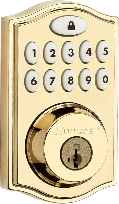 Kwikset 914 Traditional Keypad SmartCode Electronic Deadbolt Smart Lock featuring SmartKey Security and ZigBee 3.0 Technology in Polished Brass