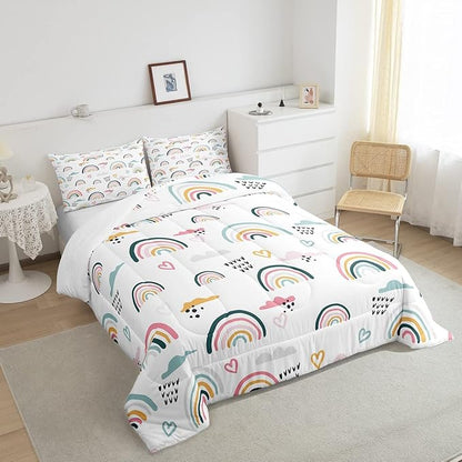 Erosebridal Rainbow Bedding Set for Kids Girls, Pink Love Heart Comforter Set Full Size Cartoon Cloud Geometric Stripes Bedding Comforter for Boys Children Women Watercolor Art Girly Duvet Sets