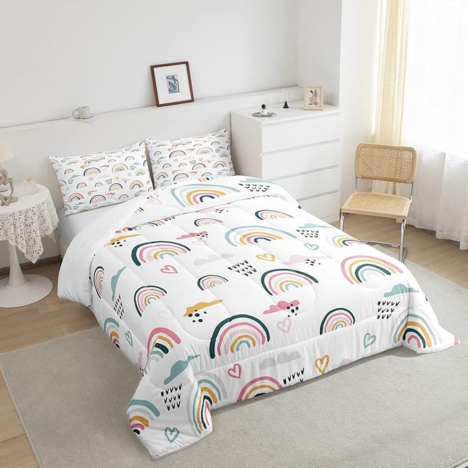 Erosebridal Rainbow Bedding Set for Kids Girls, Pink Love Heart Comforter Set Twin Size Cartoon Cloud Geometric Stripes Bedding Comforter for Boys Children Women Watercolor Art Girly Duvet Sets