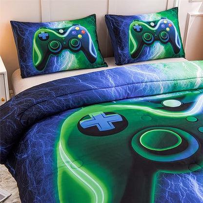 Meeting Story Gamer Gaming Bedding Sets Red Blue Lightnings Gamepad Comforter Set for Boys Games Console Action Buttons Novelty Colorful Modern Room Decor Home Quilt Set (Blue-Green, Queen)