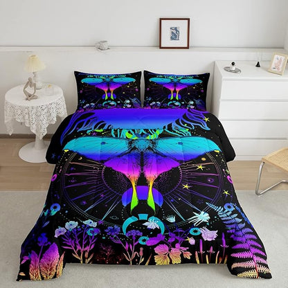 Erosebridal Moth Comforter Set Hippie Psychedelic Sun and Moon Bedding Set Full,Purple Blue Ombre Galaxy Floral Botanical Comforter for Girls Teens Women Stars Planet Quilt Duvet 2 Pillowcases