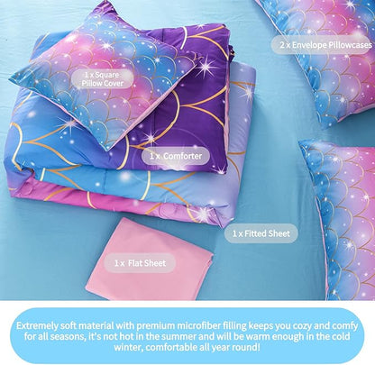RYNGHIPY 6Pcs Teal Pink Sparkle Mermaid Comforter Sets Twin Size, 3D Rainbow Glitter Girls Bedding Sets, Ombre Pastel Fish Scale Bedding Collection Sets