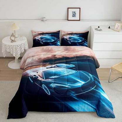 Erosebridal King Size Comforter Set for Boys Race Car Bedding Bedroom Decor, Sports Car for Boys Girls Teen Kids Children Car Racing Gifts, Race Cars Bed Set,Blue Black