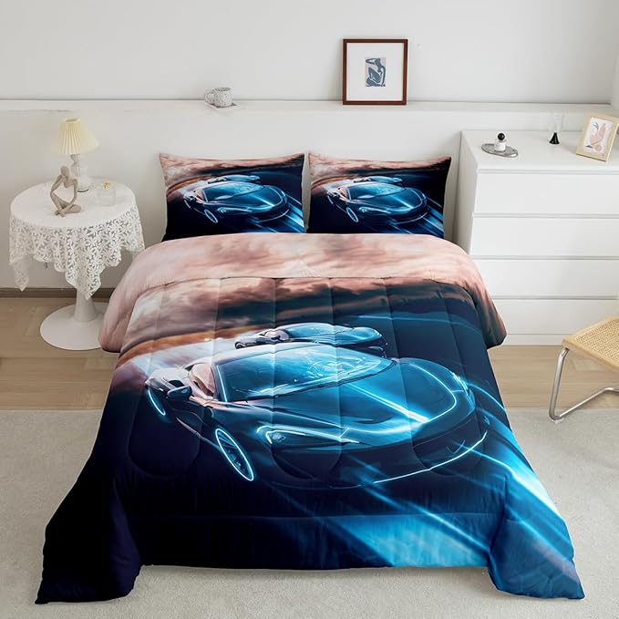 Erosebridal Boys Twin Bedding Sets Race Car Room Decor, Cool Speed Racing Car Comforter Easter Gifts for Teens Youth Extreme Sports Automobile Pattern bedding comforter sets with 1 pillow case