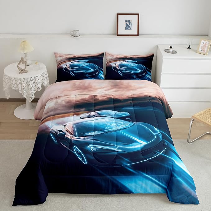 Race Car Toddler Bedding Set Cool Sports Car bedding comforter sets, Racing Car Competition bed sets for Boys youth Extreme Sports Theme Kids Room Decor, automobile vehicle Comforter Full Size