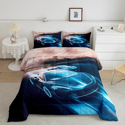 Race Car Toddler Bedding Set Cool Sports Car bedding comforter sets, Racing Car Competition bed sets for Boys youth Extreme Sports Theme Kids Room Decor, automobile vehicle Comforter Full Size