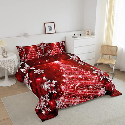Feelyou Christmas Tree Comforter Set for Kids Boys Girls King Size Luxury Chic Xmas Bedding Set Glitter Snowflake Star Comforter Red Duvet Set Christmas Room Decor Quilt Boys
