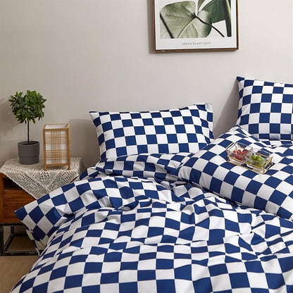 Royal Blue White Grid Comforter Set Cal King Royal Blue Plaid Bedding Set Women Royal Blue and White Checkered Bed Comforter Set Breathable Blanket Set Men Durable Bedding Comforter Set