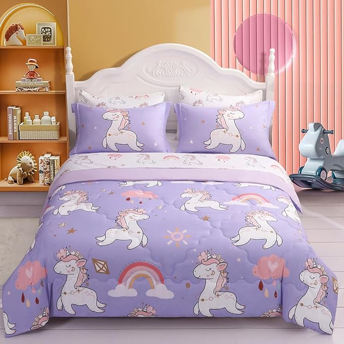 Wajade Kids Purple Unicorn Comforter Set Bed in A Bag Full Size 7 Piece Cute Unicorn Rainbow Clouds Bedding Set for Girls (1 Comforter, 1 Flat Sheet, 1 Fitted Sheet, 2 Pillowcase and 2 Pillow Sham)