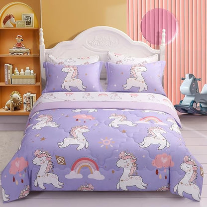 Wajade Kids Purple Unicorn Comforter Set Bed in A Bag Full Size 7 Piece Cute Unicorn Rainbow Clouds Bedding Set for Girls (1 Comforter, 1 Flat Sheet, 1 Fitted Sheet, 2 Pillowcase and 2 Pillow Sham)