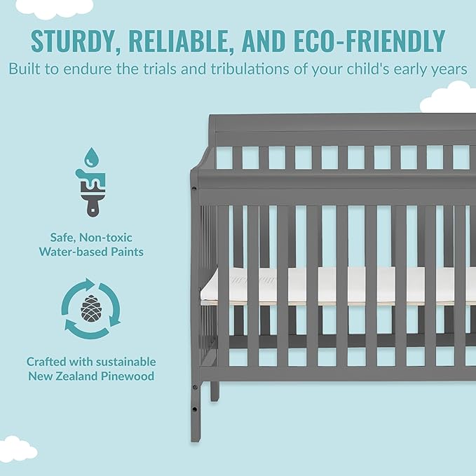 Aden 4-in-1 Convertible Mini Crib In Steel Grey, Greenguard Gold Certified, Non-Toxic Finish, New Zealand Pinewood, With 3 Mattress Height Settings