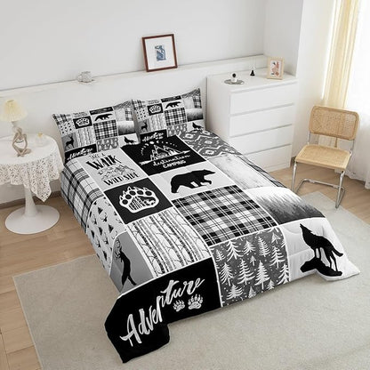 Deer Bear Comforter Set Queen Size,Pine Trees Christmas Bedding Set for Kids Boys Girls Adults Room Decor,Camping Adventure Rustic Farmhouse Down Comforter,Black Retro Duvet Insert,2 Pillowcases