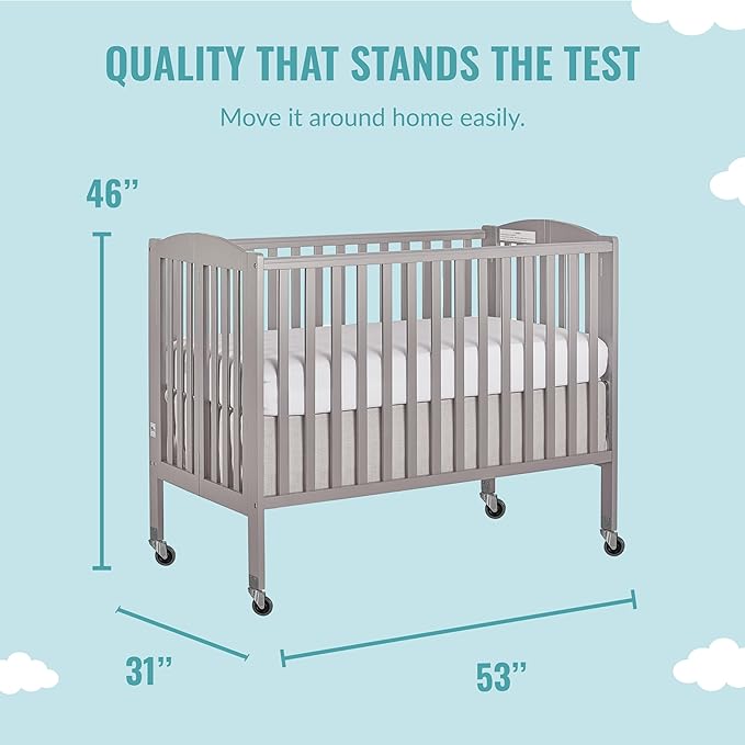 Folding Full Size Convenience Crib In Storm Grey, Two Adjustable Mattress Height Positions, Comes With Heavy Duty Locking Wheels, Flat Folding
