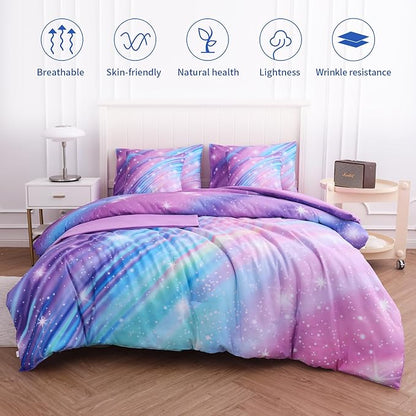 Full Size Bedding Sets Kids Bedding Sets for Girls,Galaxy Bedding 7pieces Glitter Pink Comforter Colorful Comforter Full Size Comforter Sets for Teen Girls(Twill Rainbow)